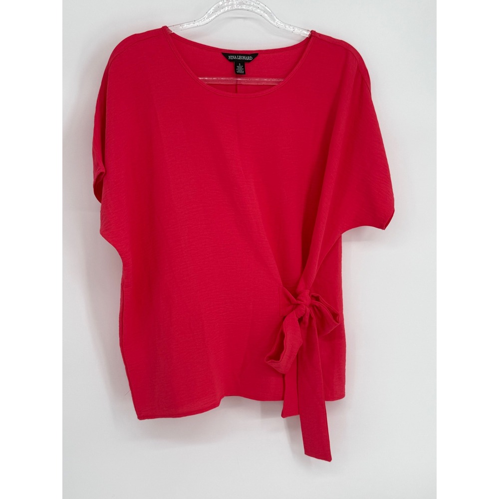 Nina Leonard Red Side Tie Short Sleeve Crepe Blouse Sz S